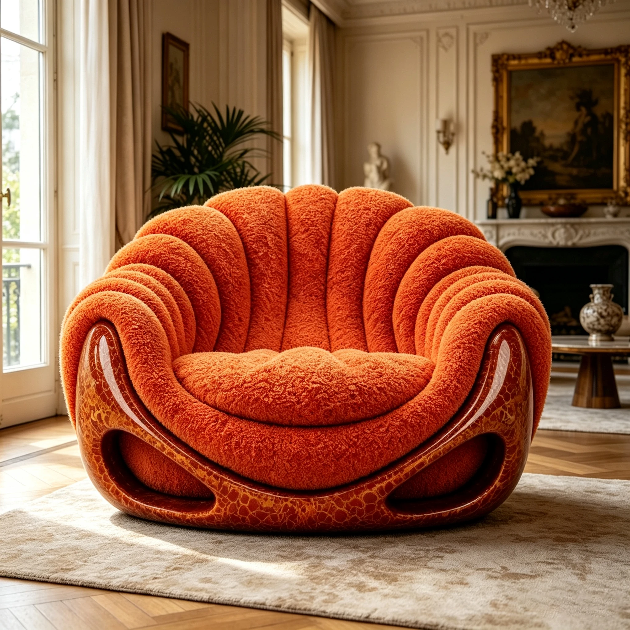 Crack glazed lounge chair, hollow shell, orange fluffy teddy fleece filler