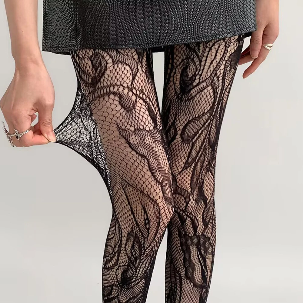 Y2K Spitzenstrumpfhose mit Blumenmuster, schwarze Netzstrumpfhose für Damen, Party-Strumpfhose, lange Netzsocken C