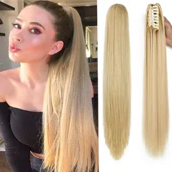 Syntetyczny kucyk do przedłużania włosów Długi prosty klips z pazurami Kucyk Żaroodporne Naturalne fale Dla kobiet Blond Hairpiece