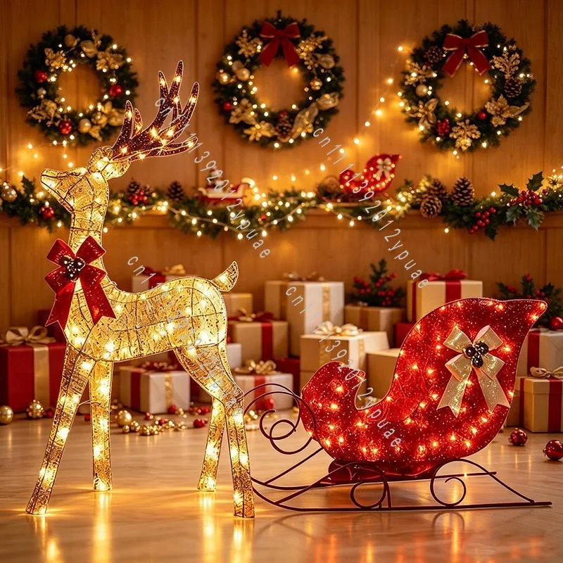 Wrought Iron Reindeer Sleigh Ornament, Outdoor Waterproof Christmas Craft for Commercial Venue