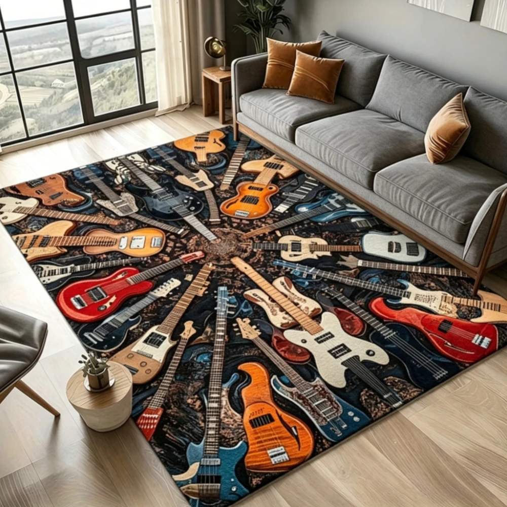 Large Guitar Musical Themed Print Area Rug, Machine Washable Floor Mat for Living Room, Bedroom and Under‑Bed Home Decoration
