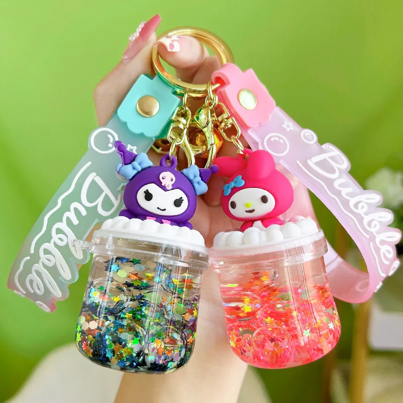 Sanrio Luminous Kawaii Kuromi Hellokitty Doll Oil Drifting Sand Bottle Keychain Cartoon Bubble Bead Keychain Small Pendant