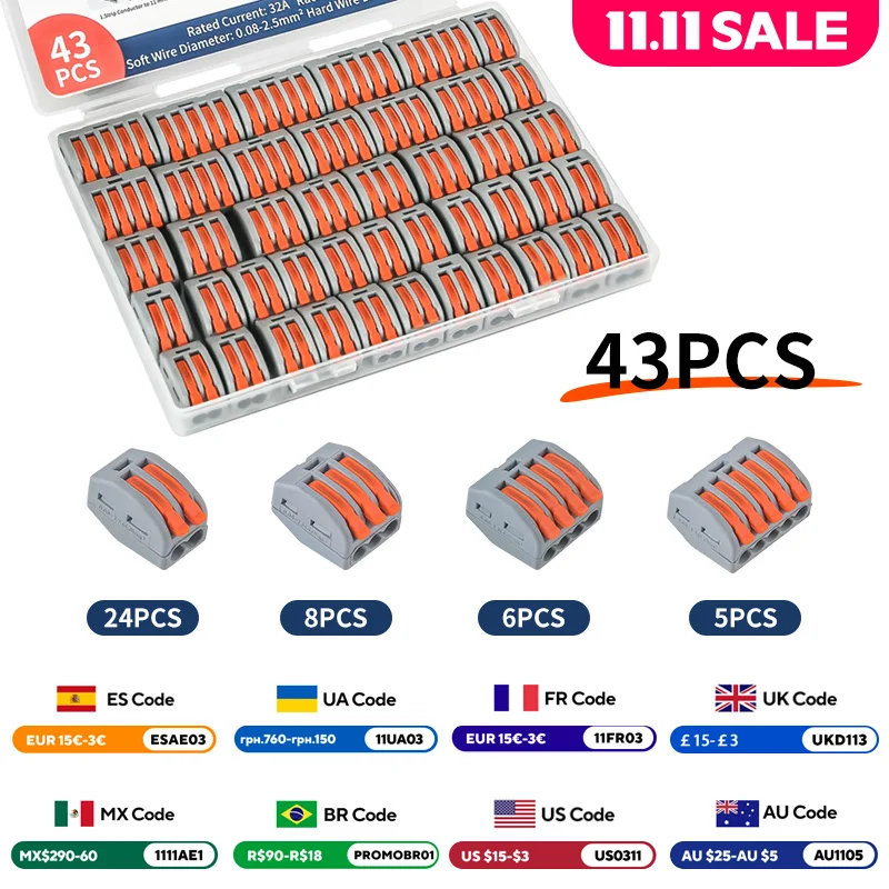 

JINH 43Pcs CMK41 Lever Connector Nuts Assortment Pack Quick Splicing Electrical Terminal Blocks Standard Solid Flexible Wires