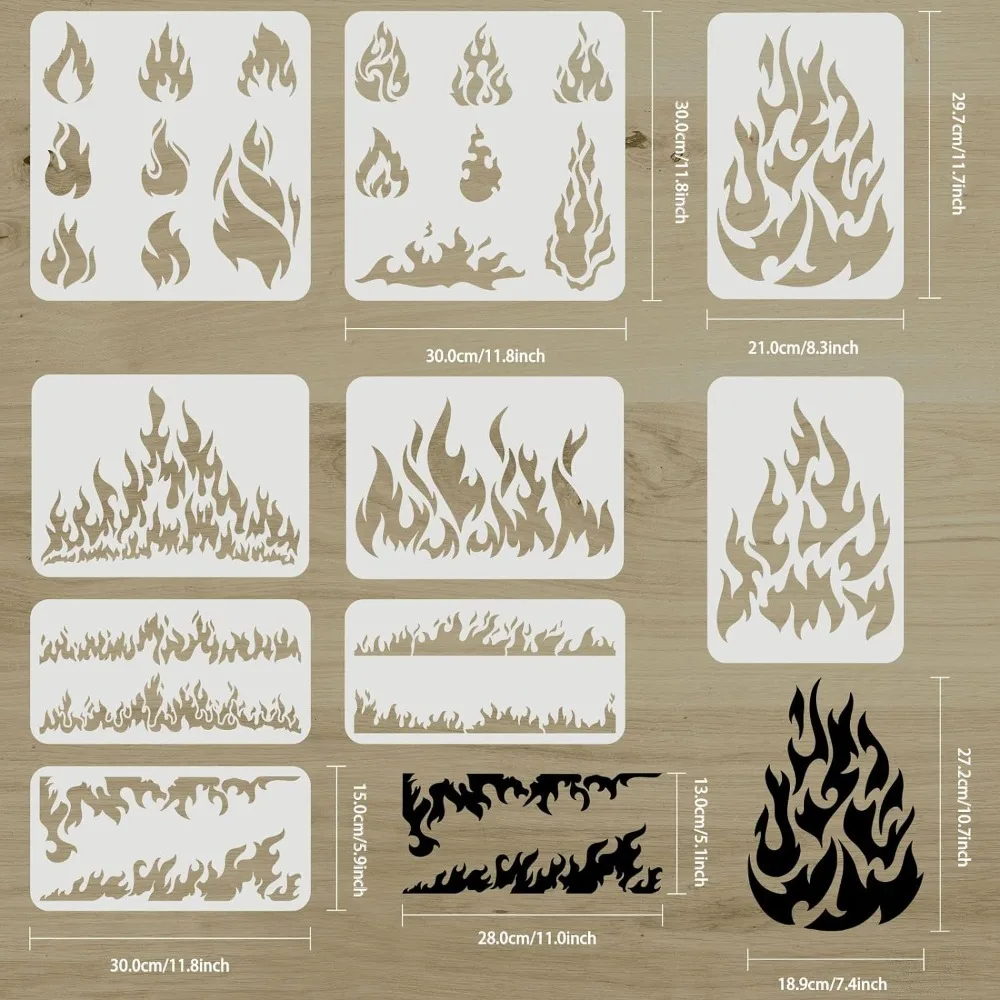 9 PCS Fire Pattern Stencil 3 Sizes Reusable Burn Blaze Bonfire Painting Stencils Plastic PET Wall Border Stencil Flames Stencil