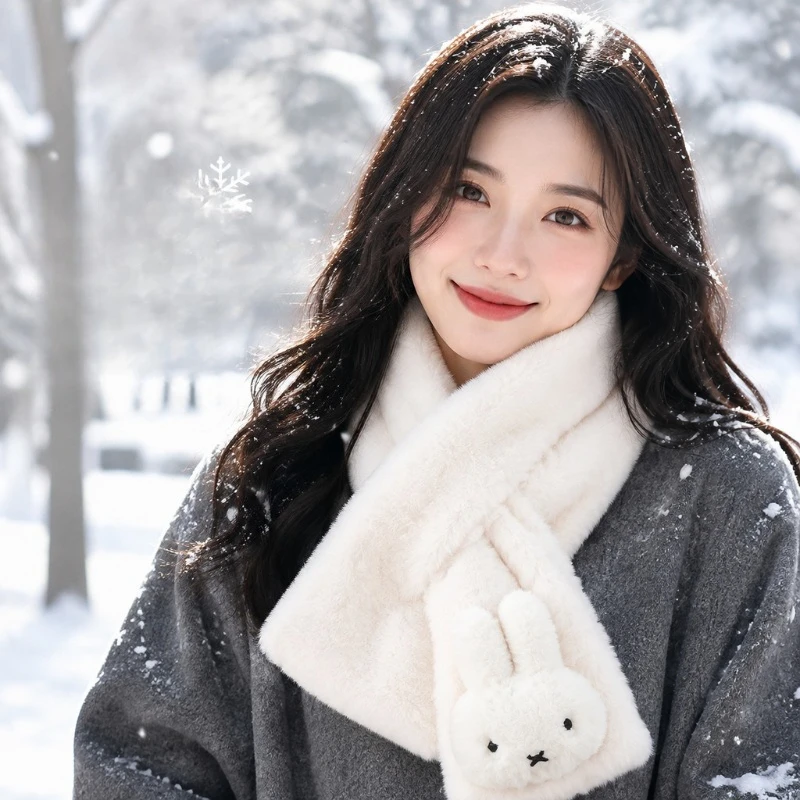 Kawaii Miffy Winter Plush Scarf Cute Cartoon Warm Thick Versatile Korean Style Neck Warmer for Students Couple Style