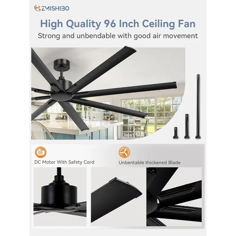 96 Inch Industrial DC Motor Ceiling Fan, Large Ceiling Fan with 8 Reversible Blades, 3 Downrods, 6-Speed Remote Control