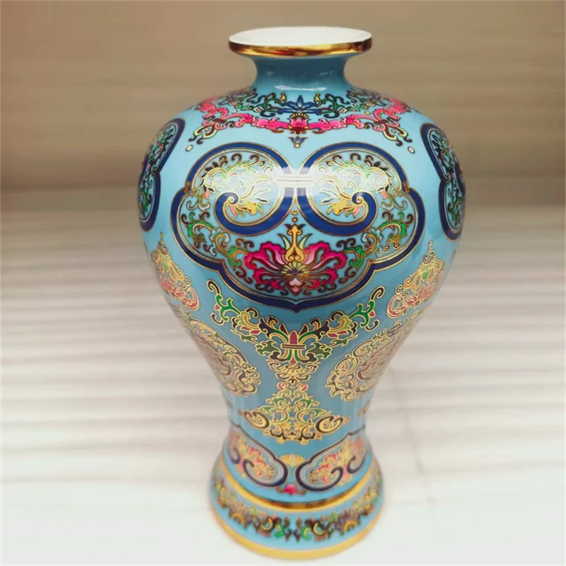 مزهرية من البورسلين الصينية القديمة المينا الزرقاء طول العمر منقوشة تصميم البرقوق زخرفة ديكور عتيقة