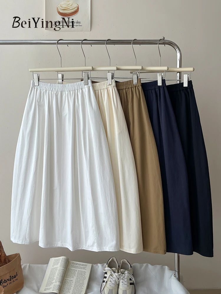 

Beiyingni New In Korean Cotton Cargo Skirt Women Pure Color Leisure Young Y2K Midi Lantern Skirt Preppy Retro Bud White Skirts