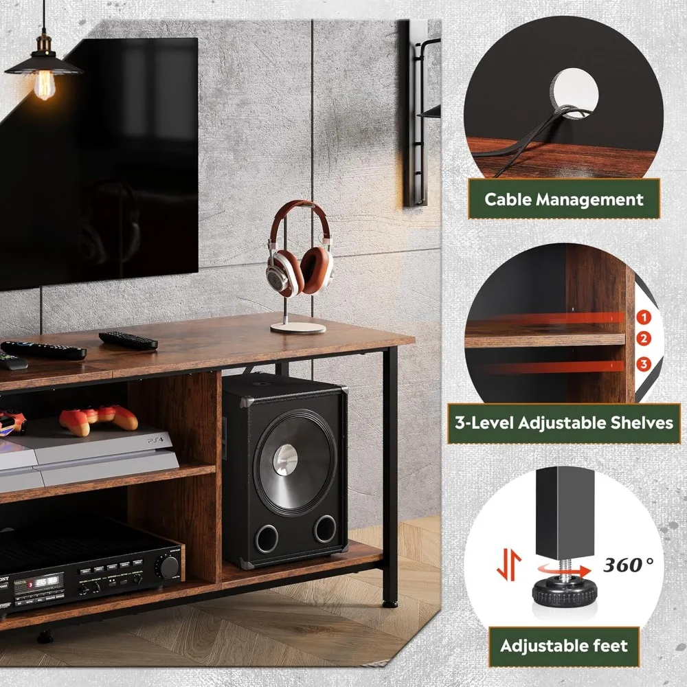 Entertainmentcentrum in industriële stijl voor 65 inch tv's, open opbergplank, tv-console in woonkamer en slaapkamer