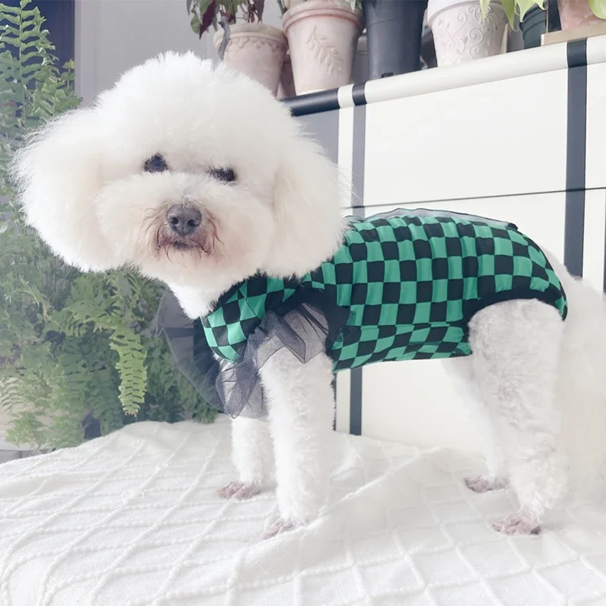 

Retro Green Grid Puppy Dog Clothing Pure Cotton Thin Wrap Belly Jumpsuits Overalls For Small Medium Dogs Poodle Pet Dog Clothes