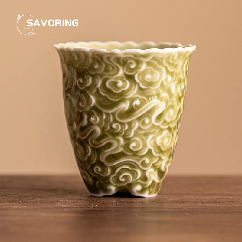 

Yaozhou Kiln Чайная чашка Ручная резная облачная чашка Чашка Селадон Керамическая чайная чашка Китайский набор Порцеляновый подарок Цзиндэчжэнь Эстетическая чаша Мате
