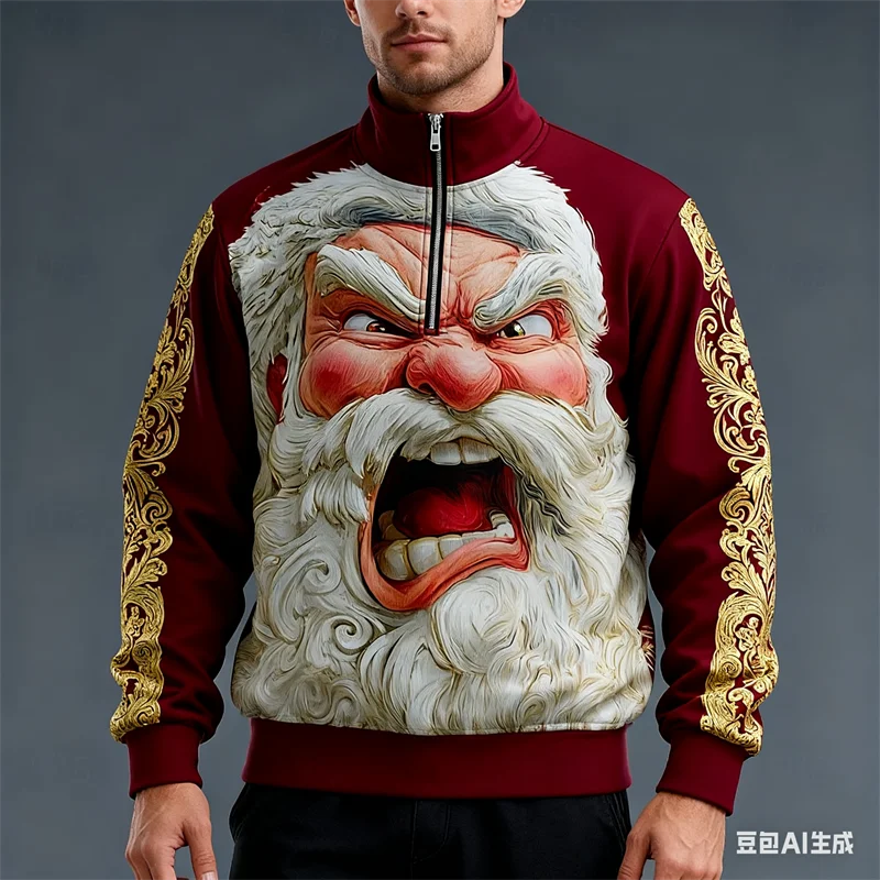 

Santa Claus Printed Sweatshirts Autumn Casual Loose Zipper Pullover Fashion Christmas Top Men's Tracksuit Hip Hop X'mas Clothing