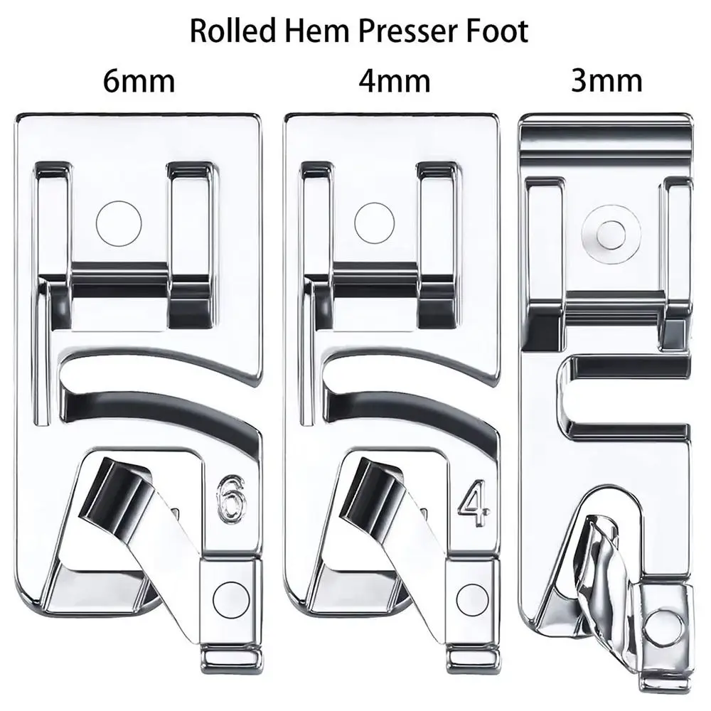 3Pcs/Set Narrow Rolled Hem Sewing Machine Presser Foot 3/4/6mm Universal Household Sewing Tool Metal Hem Presser Foot