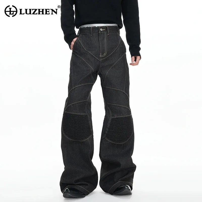 

LUZHEN 2026 New Original Knee Pleated Patched Patchwork Wide Leg Jeans Men Fashion Handsome Motorcycles Denim Pants Male JY6229