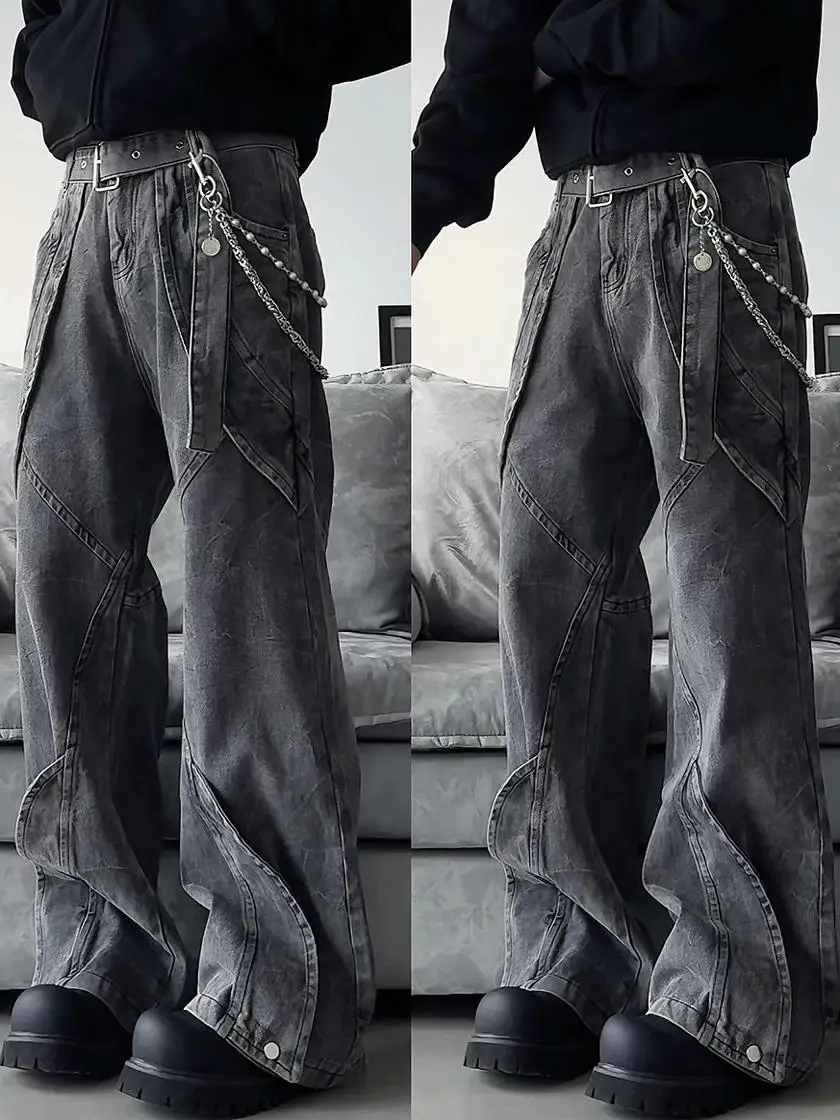 

Американские джинсы со съемным поясом High Street, деконструкция, мужские свободные прямые брюки с завязками