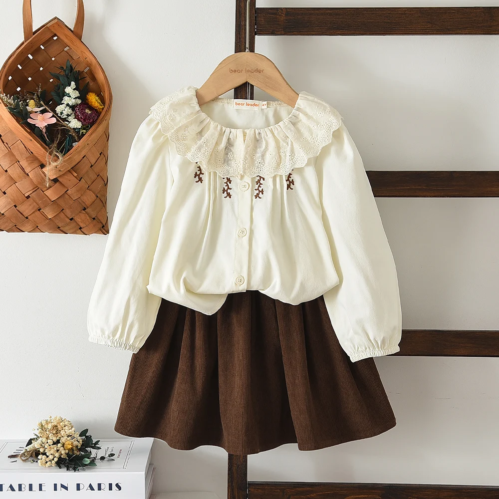 Autumn New Korean Version  Casual Lace Lapel Embroidered Cardigan+skirt Two-piece Set for Girls 3-7