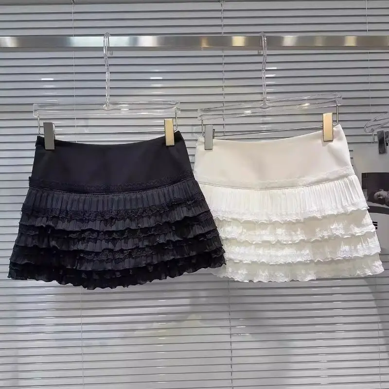 Women Clothing Jupe Cake A-line Lace Pleated Skirt Faldas Mujer Юбка Юбки Korean Style Mini Skirt Black White Jupe Femme