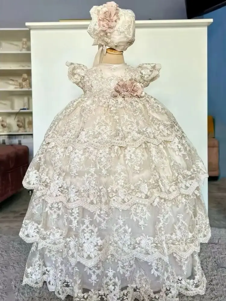 

Customized Ivory Flower Girl Baby Dress Lace Appliques Short Sleeve For Wedding Birthday Party Newborn Prom Holy Communion Gown