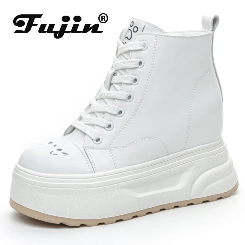 Fujin 10cm Women Combat Boots Ankle Booties Platform Sneakers Spring Autumn Warm Fur Cow Genuine Leather Women Shoes Winter Boot