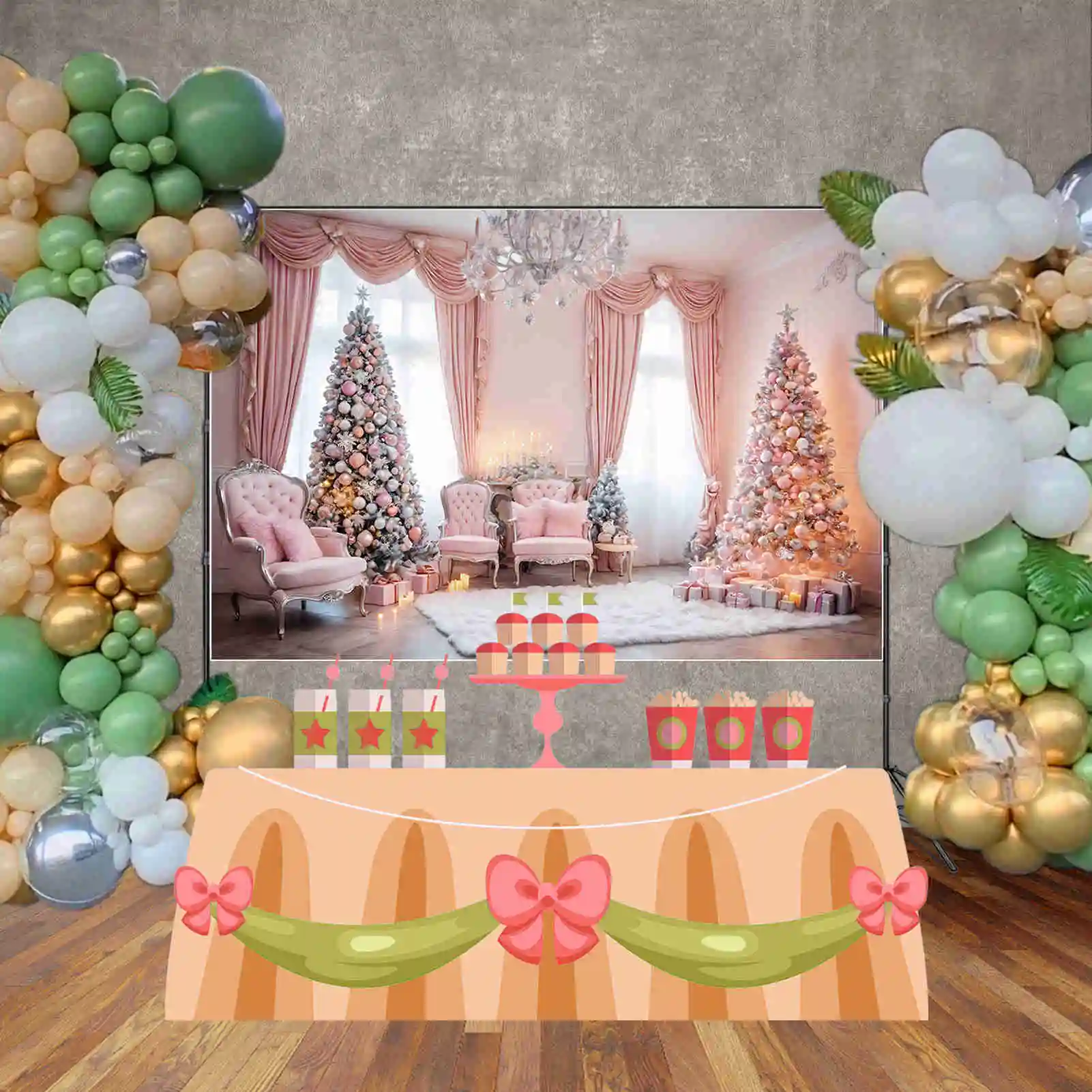 MOON.QG Christmas Tree Home Decoration Photography Background Pink Fireplace Curtain Sofa New Year Photo Backdrop Shooting Props