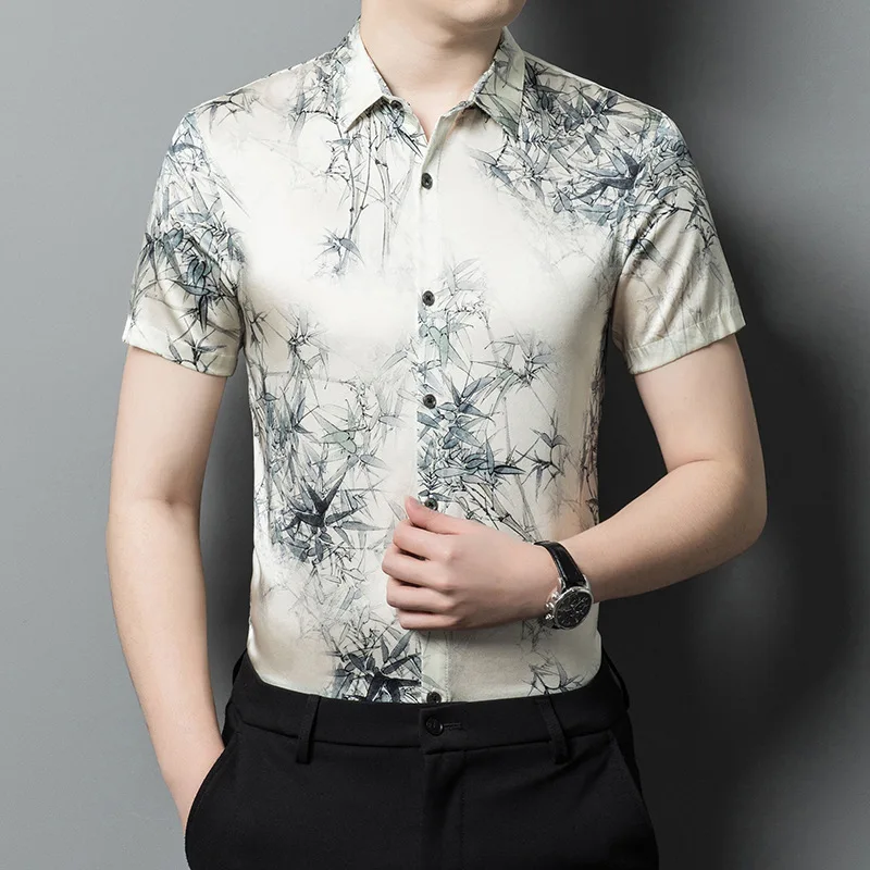 High Quality Real Silk Summer Men's Thin Short Sleeve Shirt Youth Fashion Casual Business All-Match Jacquard Top Men