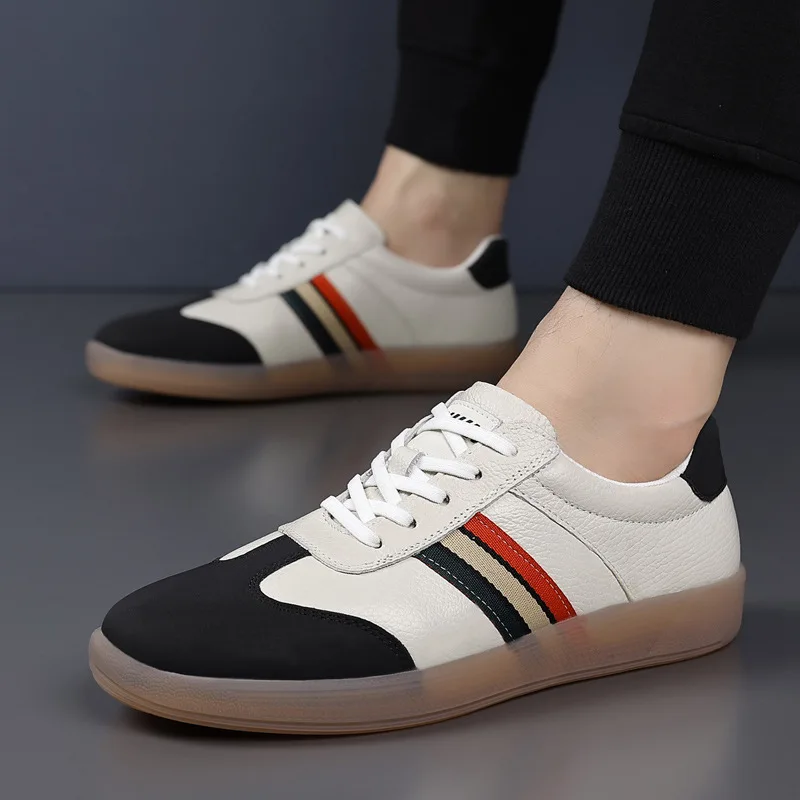 

New Fashion Men Genuine Leather Casual Shoes Trend Striped Flat Skate Shoes Youth Lace-up Sneaker