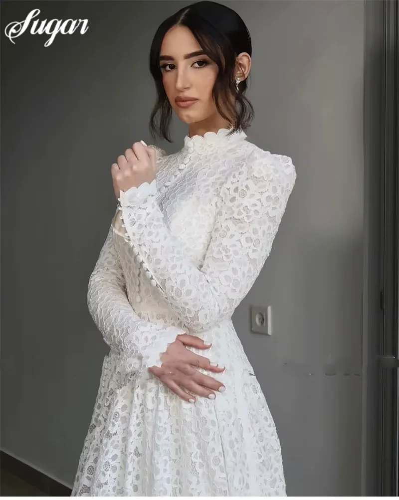 Customized Elegant Lace Applique Mermaid Wedding Dress Button High Neck Long Sleeves Court Train Bridal Gown Vestidos De Novias