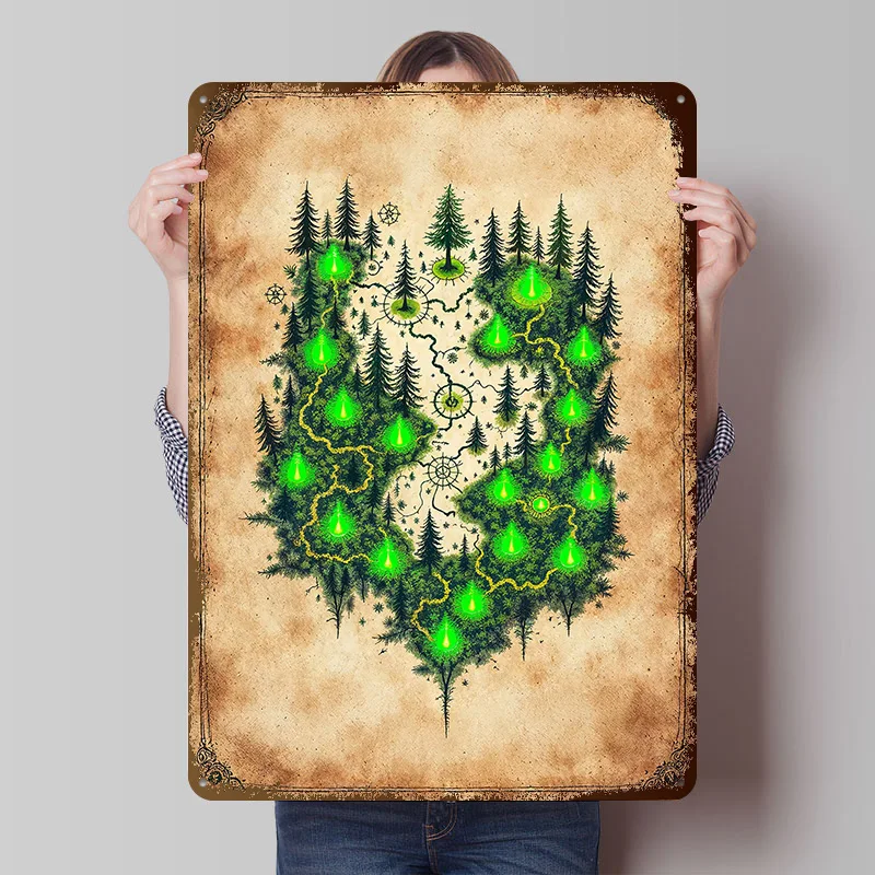 Fantasy Forest Map With Glowing Markers Printing Poster Customized Retro Wall Art Vintage Metal Signs for Room Office Decor Home