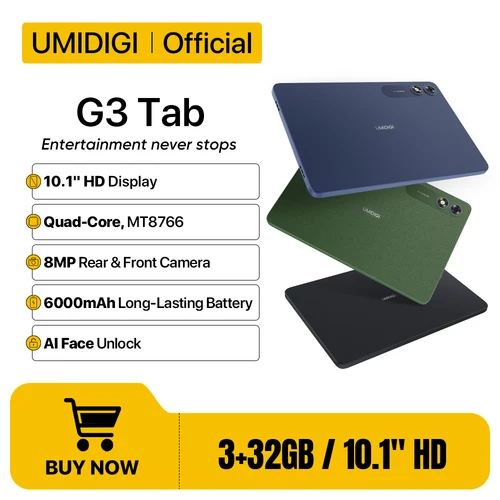 UMIDIGI G3 탭 스마트 태블릿, 안드로이드 13, 10.1 인치 HD 디스플레이, MTK 8766, 3GB, 32GB, Al face 잠금 해제, 4G LTE SIM, 6000mAh 메가 배터리, 10W 