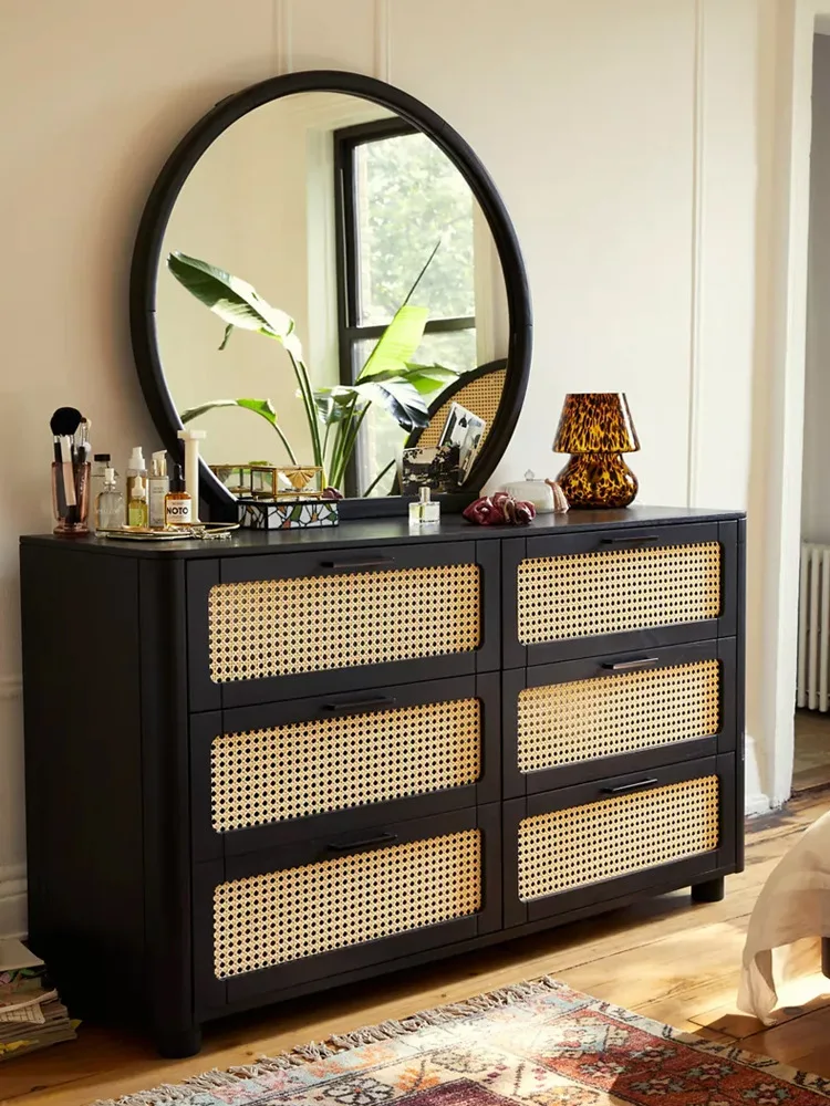 

Retro solid wood rattan six-chest cabinet, bedroom storage, porch cabinet, decorative locker, living room chest small apartment