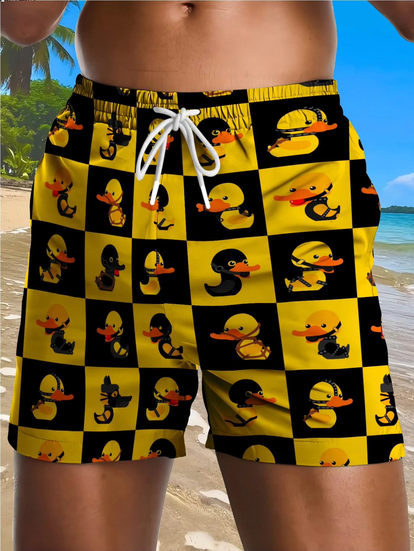 Summer Essential Men's Casual Shorts: Yellow and Black Checkered Punk Duck Quick-Dry Beach Shorts. Featuring Contrasting Checker