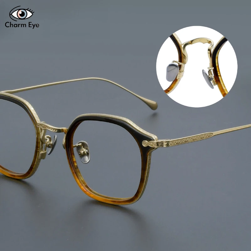 التدرج الشاي الذهب نظارات الرجال اليدوية التيتانيوم النقي مربع البصرية خلات النظارات الإطار النساء قصر النظر القراءة مكتب النظارات #3