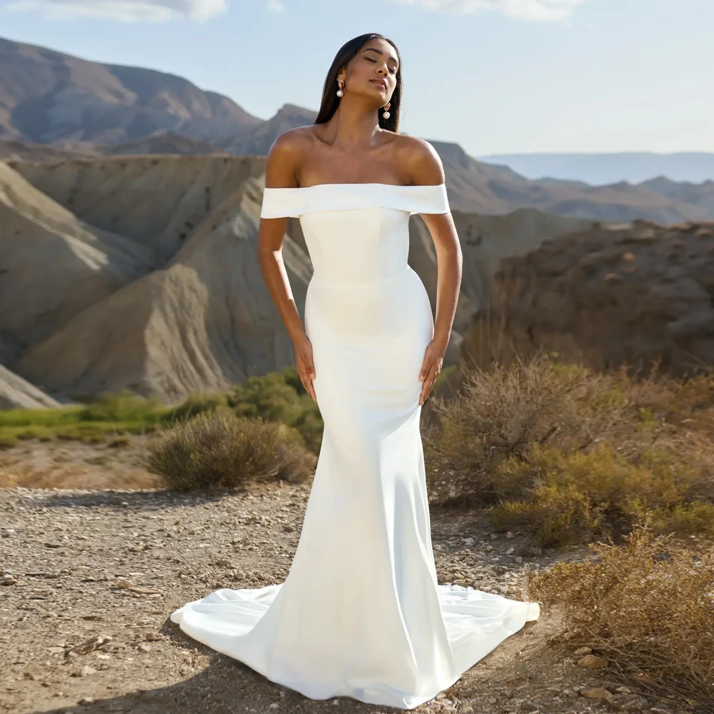 

Simple Mermaid Off Shoulder Sleeveless Wedding Dress Customized Detachable Train Bride Gowns Floor Length New Vestidos De Novia