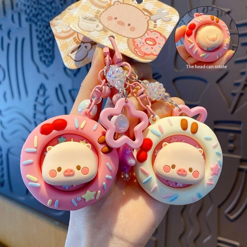 New Star Bead Chain Pig Head Rotate Happy Strawberry Milk Donut Keychain Carry-on Toy Rotating Egg Yolk Chocolate Toast Keyring