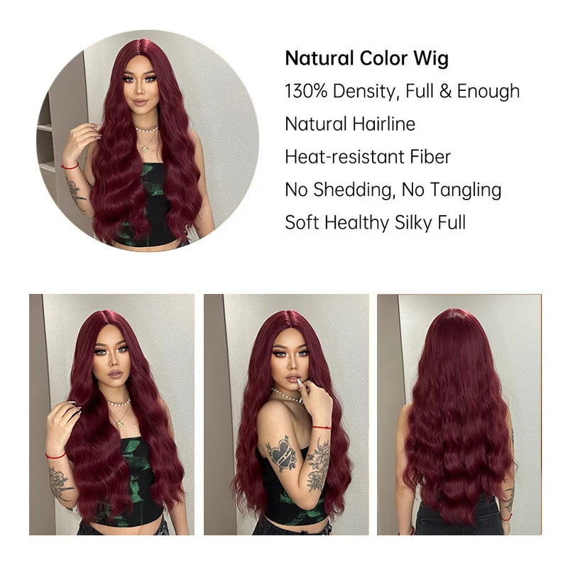 ALAN EATON Long Burgundy Wave Synthetic Hair Wigs Natural Middle Part Wine Red Wig for Daily Party Use Women Heat Resistant Wig