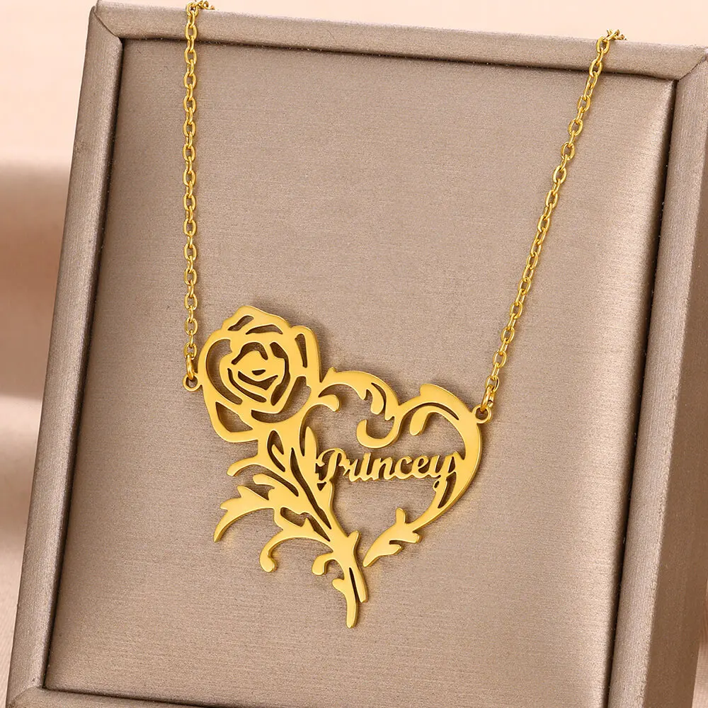 

Custom Heart Flower Name Necklace Women Girl BFF Gift Jewelry Personalized Gold Color Stainless Steel Nameplate Pendant Necklace