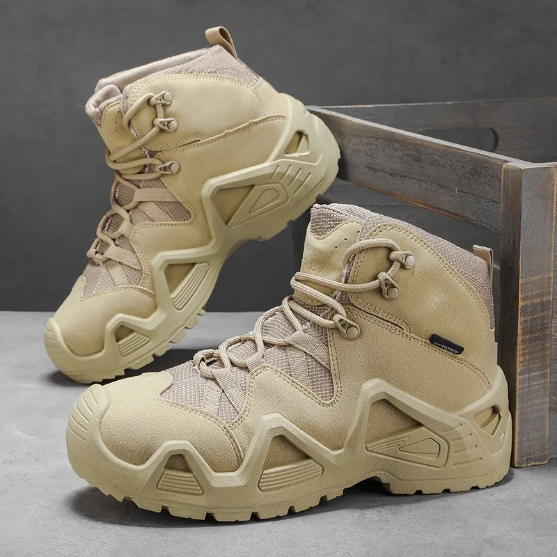 Men Sand Color High‑Top Tactical Hiking Boots  Mesh Splicing Lace‑Up Non‑Slip Thick Sole Outdoor Trekking Camping Work Footwear