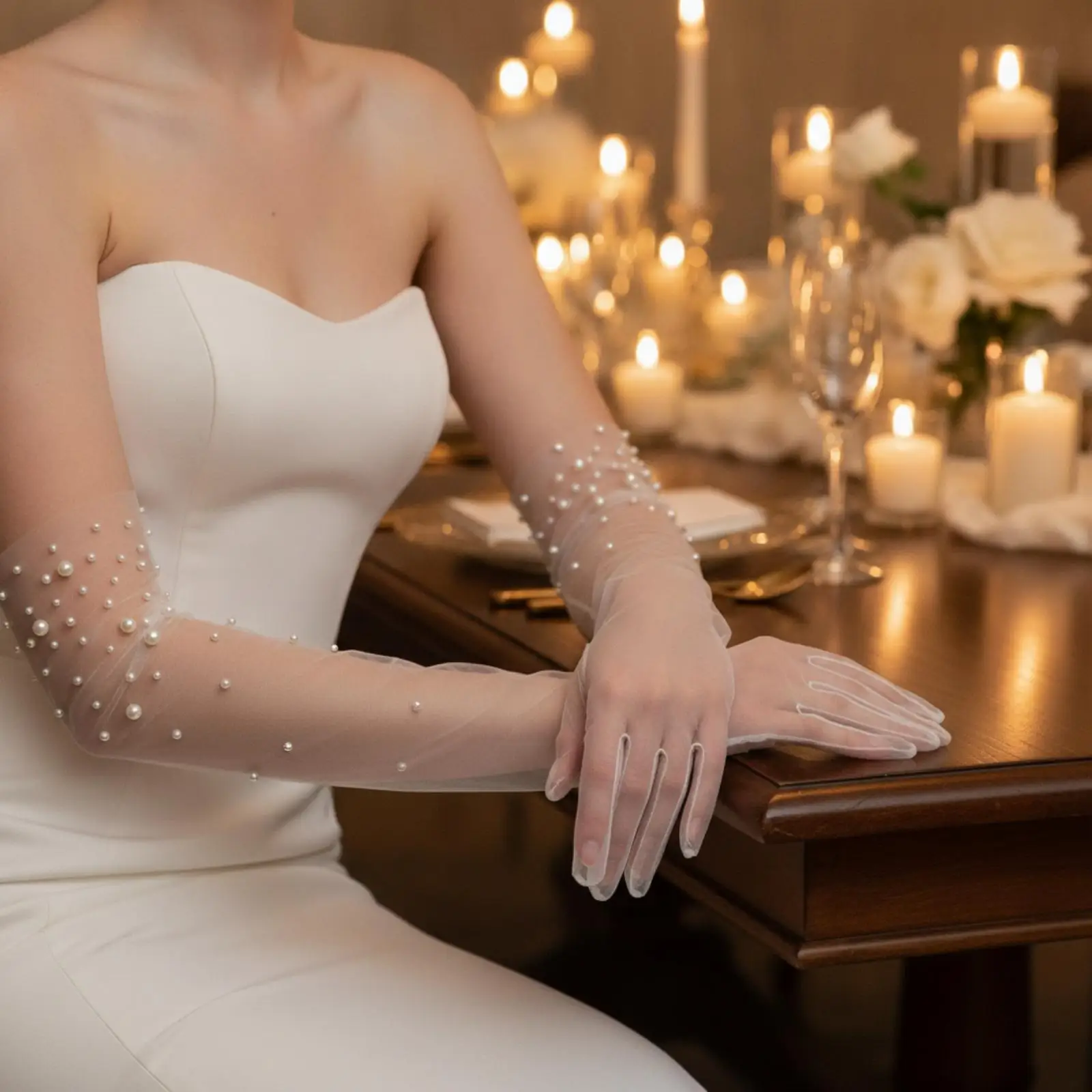 Elegant Long Ivory Mesh Gloves for Bride Pearl Accents Opera Length Fingered Wedding Evening Party Wear
