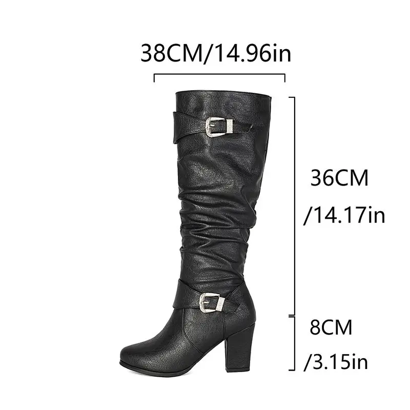 REAVE CAT Women Knee High Boots Round Toe 8cm Block Heel Zipper Belt Buckles Plus Size 44 45 46 47 Brown Beige Black Long Botas