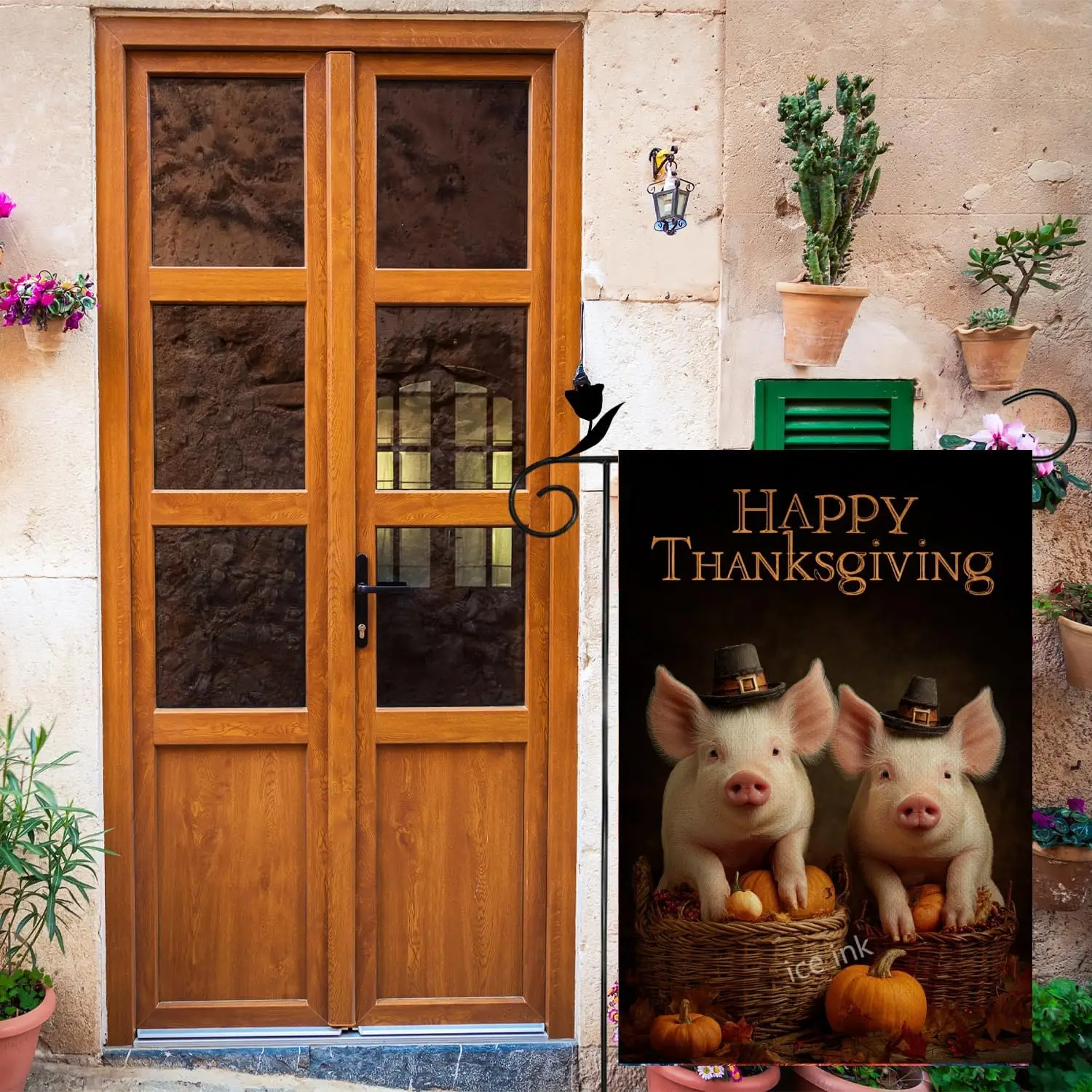 Ice ink Pig Happy Thanksgiving Garden Flag Pumpkins and Fall Leaves 12x18 Inch Linen Burlap Double Colorful Sided Yard Flag  GGX