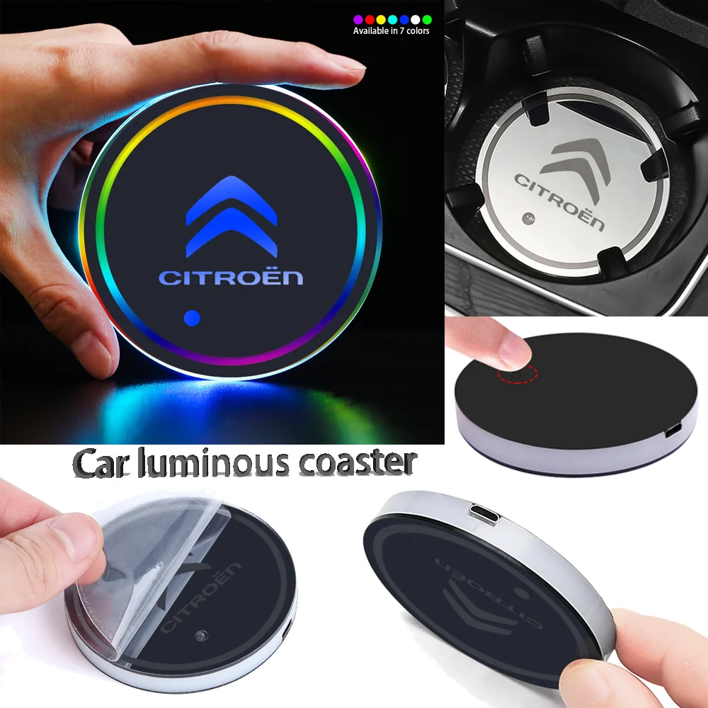 2pcs LED Car Cup Holder Lights Coasters Rechargeable 7 Color Changing Light Coaster For Citroen C3 C-ELYSEE C5 C4L Accessories