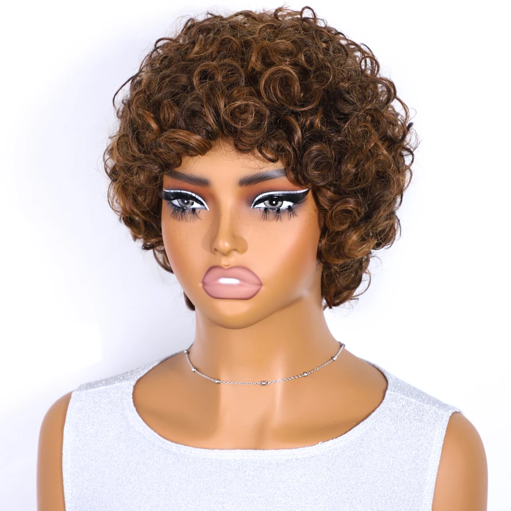 P4/30 Highlight Colored Afro Kinky Curly Wigs Short Human Hair Wigs For Women 100% Real Ready To Wear Curly Pixie Cut Wigs