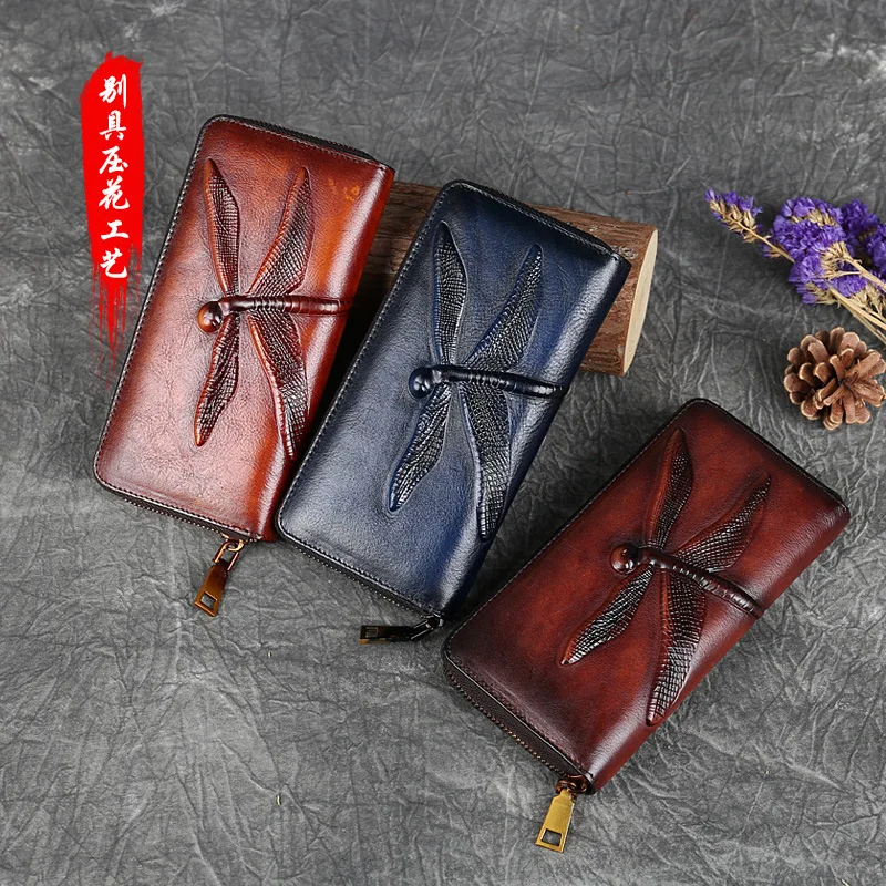 Dragonfly Design Retro Female Cowhide Money Clutch Bag Women Long Wallet Zipper Purse Genuine Leather ID/Credit Card Cash Holder