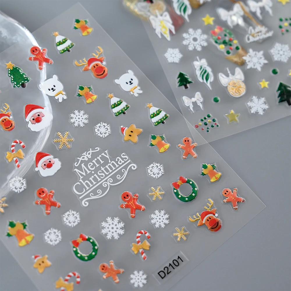3D White Snowflake Merry Christmas Epoxy Nail Stickers Cute Snowman Elk Pine Self Adhesive Sliders Winter Xmas Nail Art Decals