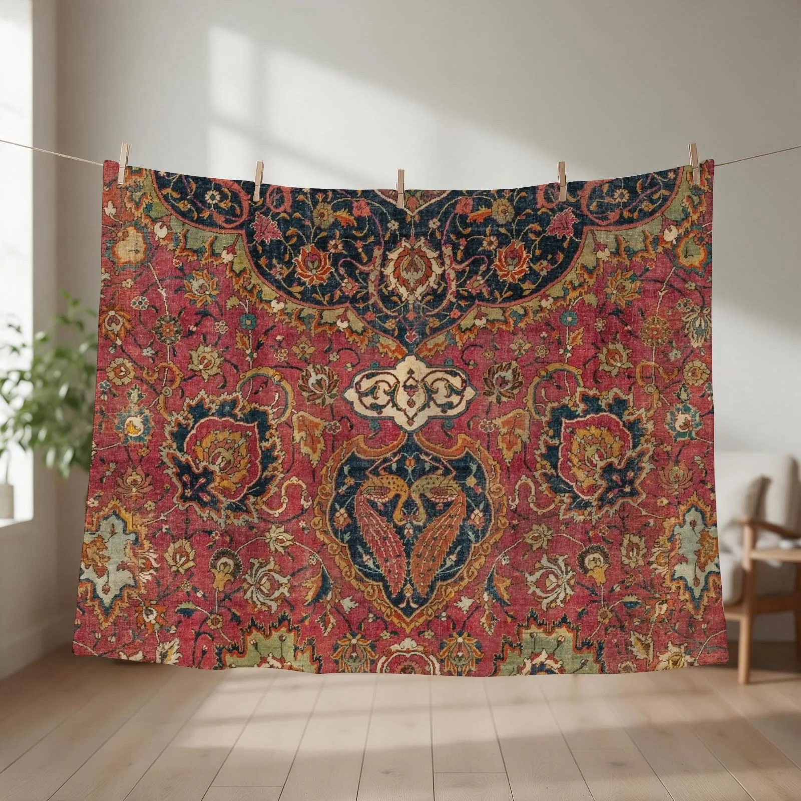 Persian Medallion Rug VIII // 16th Century Distressed Red Green Blue Flowery Colorful Ornate Pattern Throw Blanket