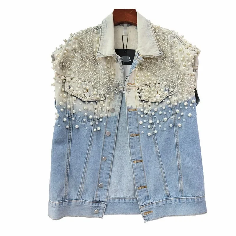 Wholesale of 2023 Spring Wear New Heavy Industry Diamond Studded Beads Loose and Slim Washed Denim Women's Vest