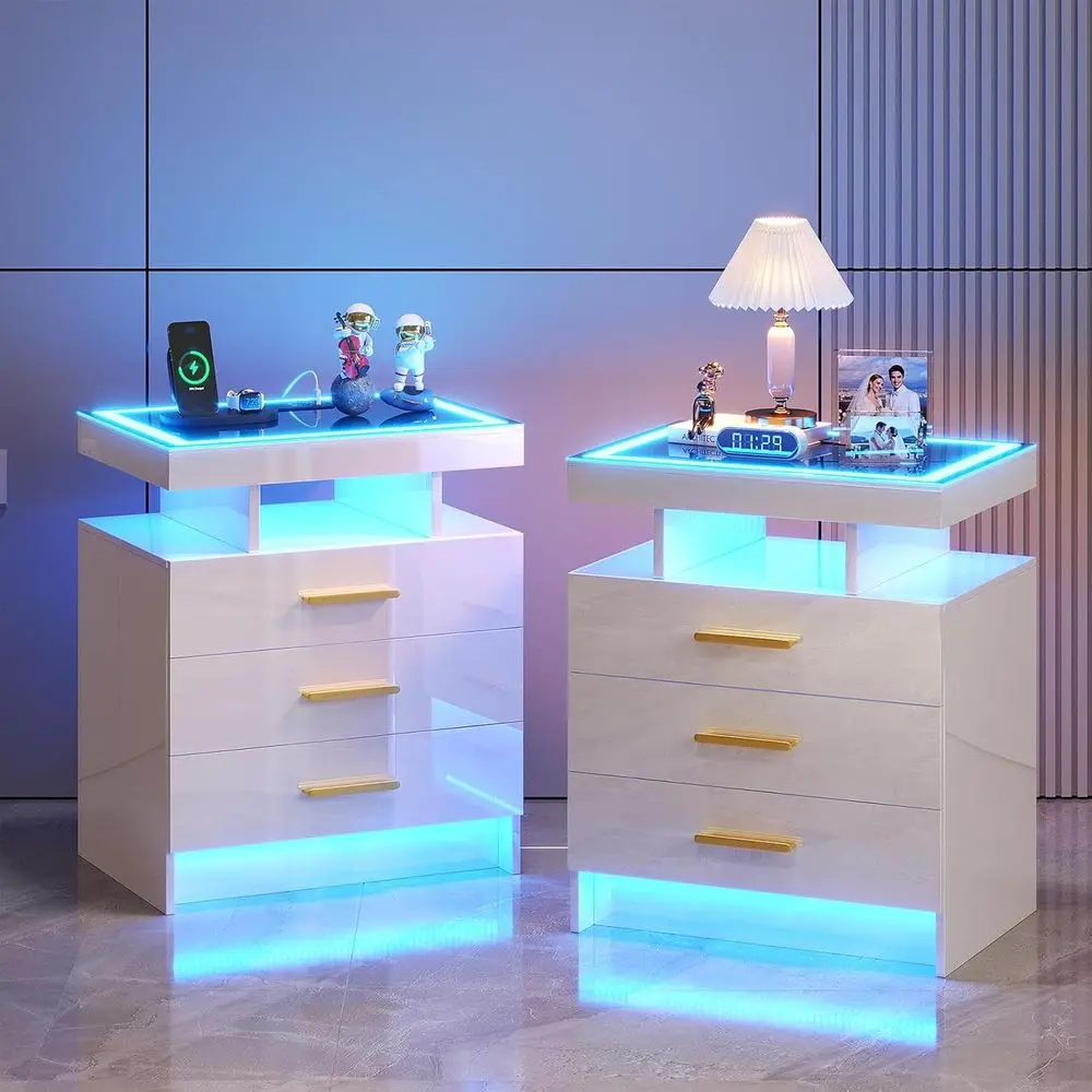 

LED-Illuminated Nightstand Set with 3 Drawers, Charging Station, Tempered Glass Top for Bedroom or Living Room, White
