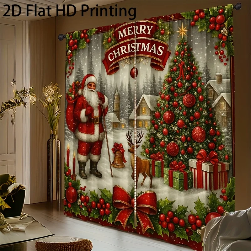 Merry Christmas Holiday Window Curtain Xmas Scene Festive Xmas Decor Curtain for Living Room Home
