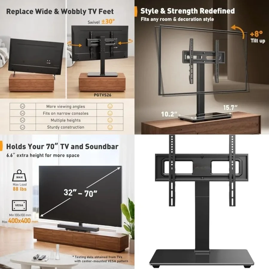 

Universal Swivel TV Stand Base for 32–70 inch TVs, Height Adjustable Table Top TV Stand Mount with Tilt, Tempered Glass Base, Holds up to 88 lbs