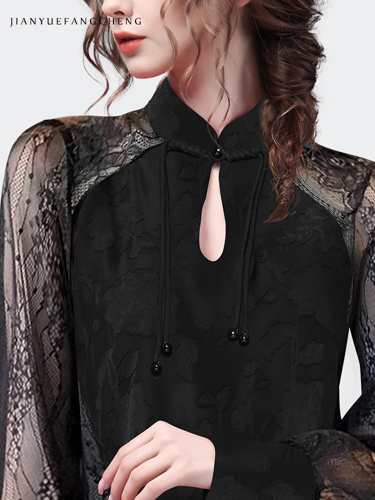 Ladies Lace Blouses Loose Black Floral Embossed Hollow Out Lantern Sleeves Tops 2024 Summer New Elegant Vintage Women Blouses